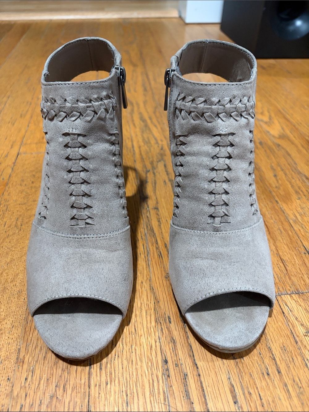 Ruff Hewn Taupe Suede Woven Peep-Toe Ankle Booties with Side Zip